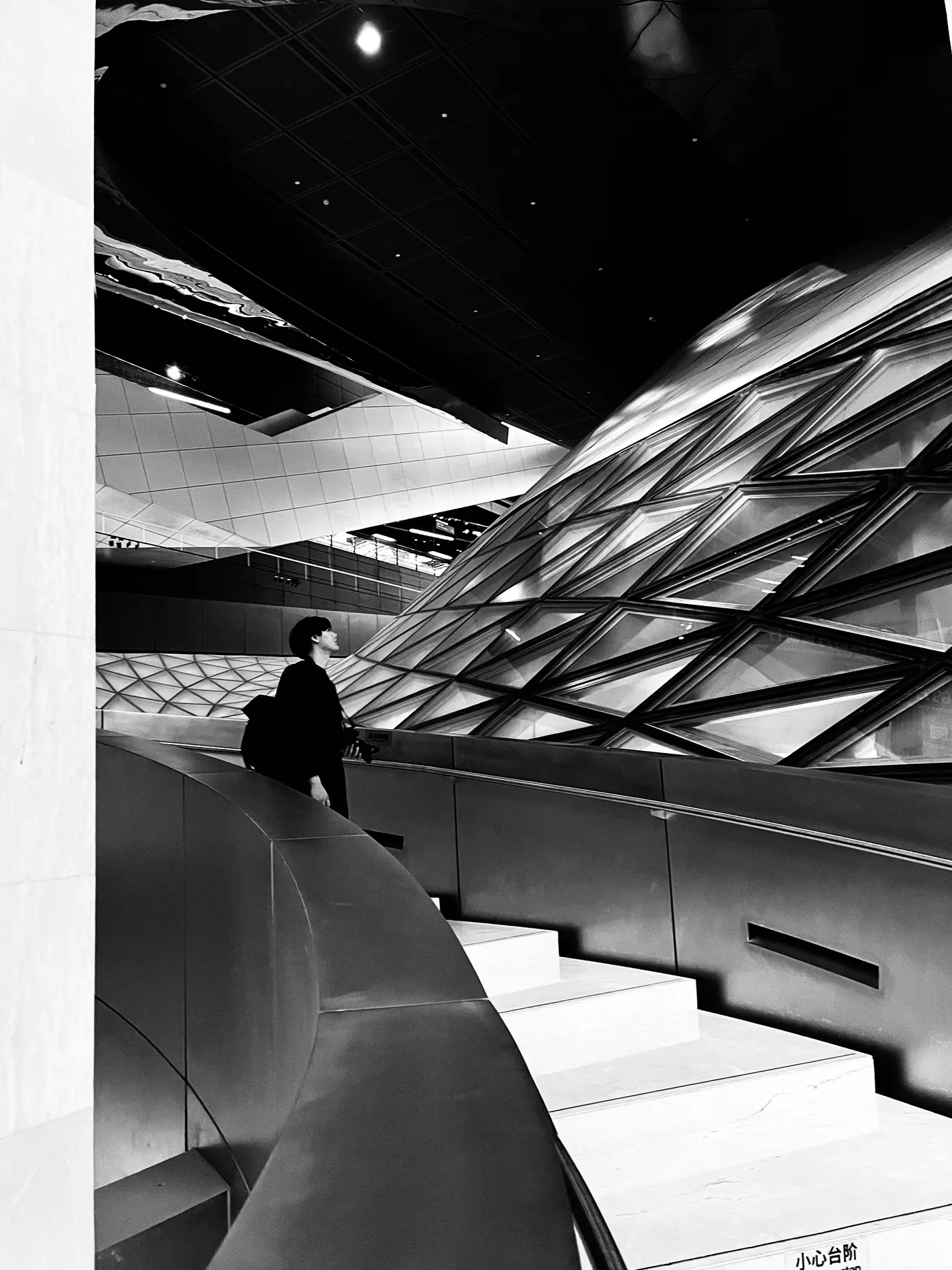 Linyun Jiang looking up at a glazed facade from a curved stair