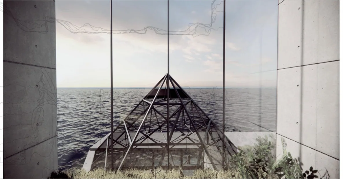 Actin: Second-floor stairwell, looking toward Dianchi Lake