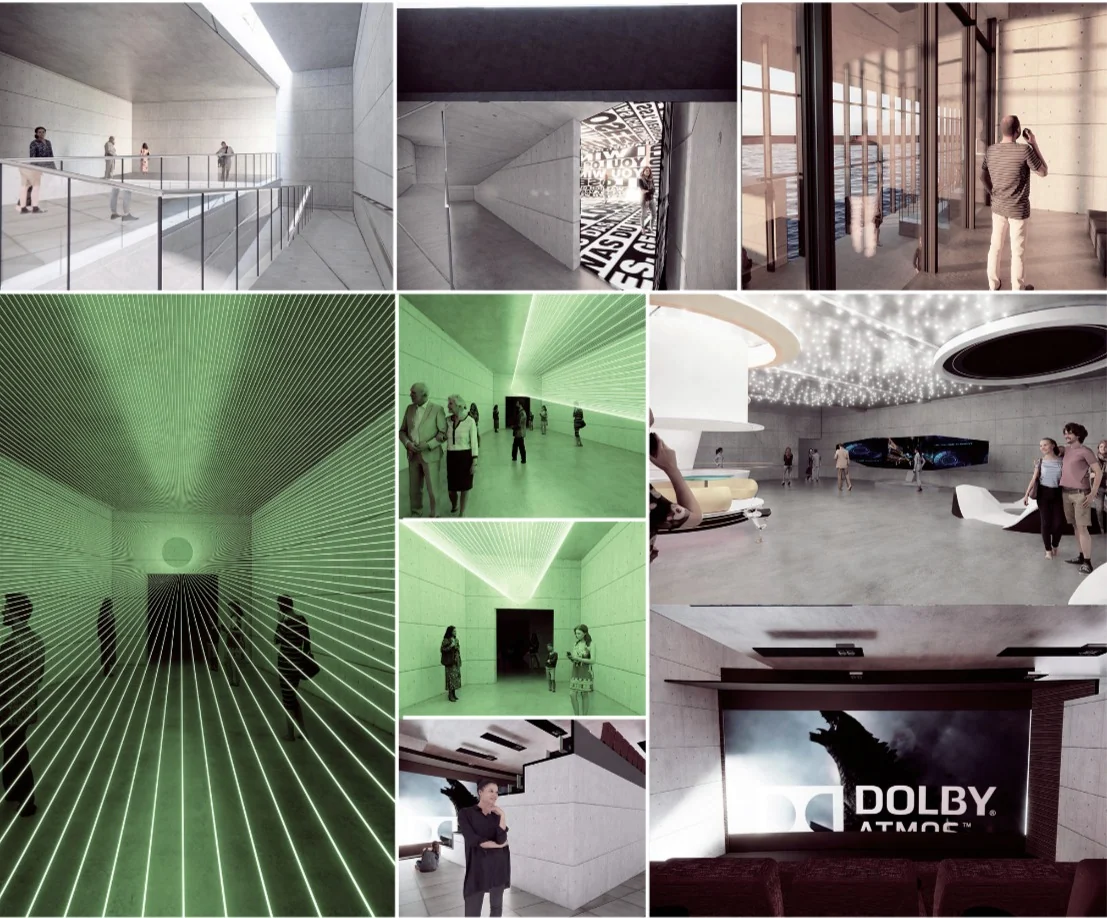 Actin: Route 9: ramp from the second to the first floor, first-floor modern art hall, interactive art hall, film and archive hall, installation art hall, exhibition exit, entrance to the underwater market (2/3)