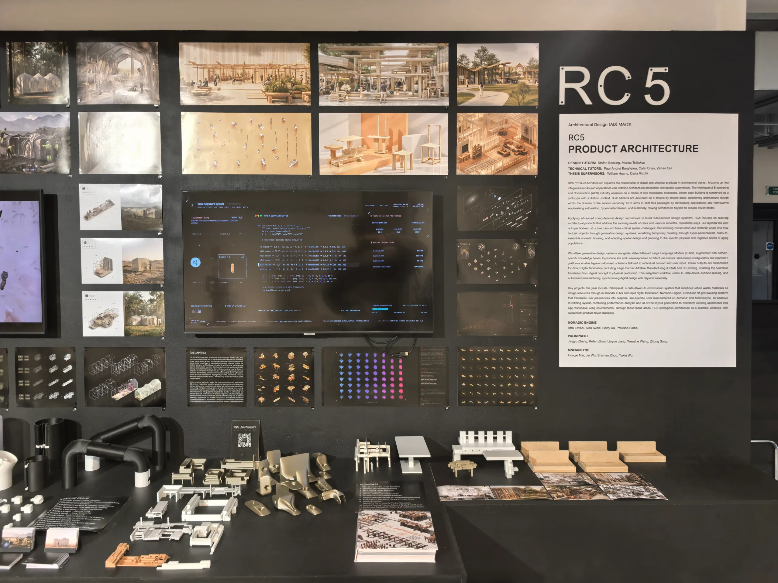 The Bartlett Autumn Show 2026: The wall text and the Palimpsest boards, with the 3D-printed connectors on the table