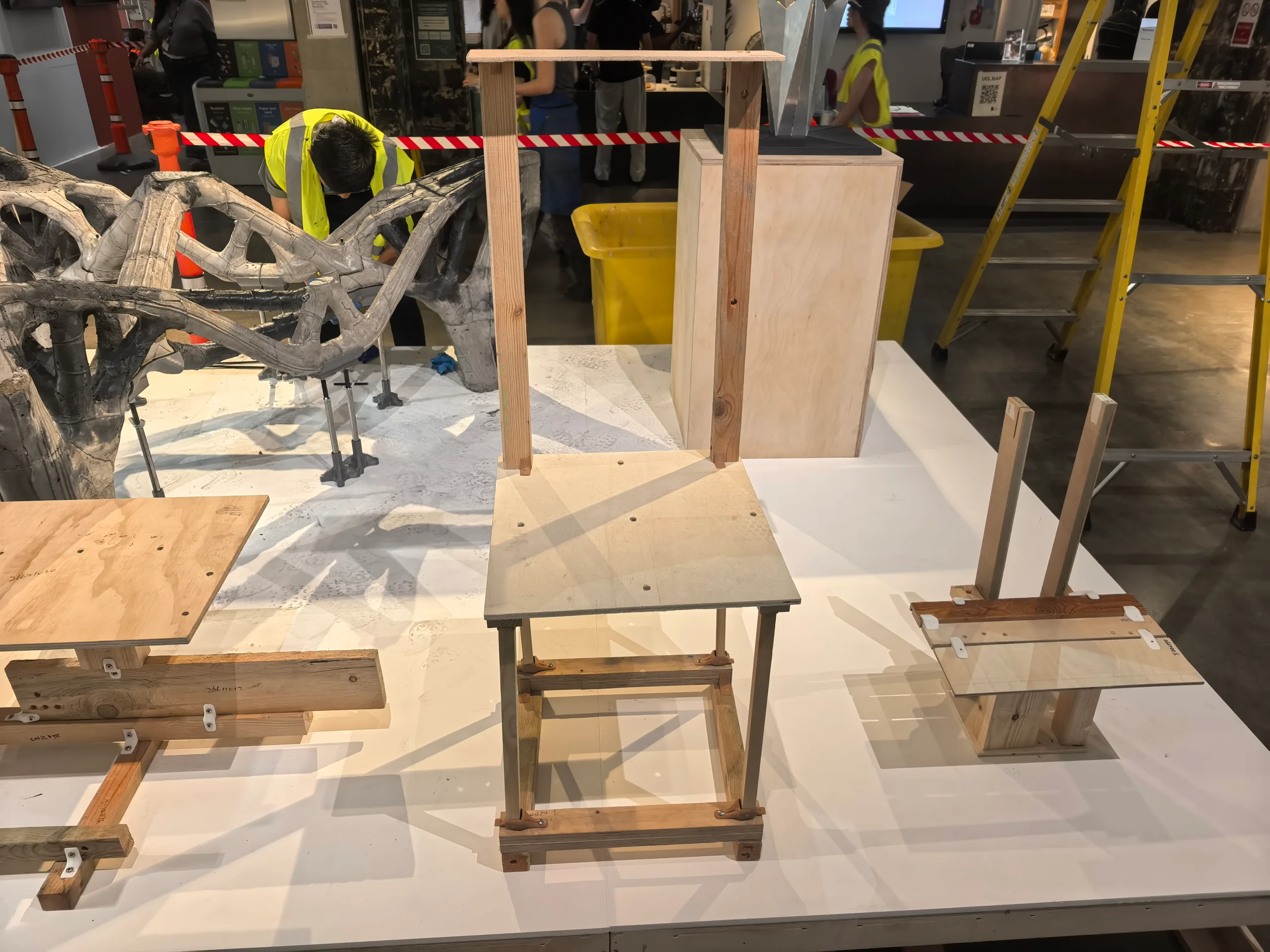 The Bartlett Autumn Show 2026: Khora 3: a chair with a tall back, a plywood seat and a braced frame below