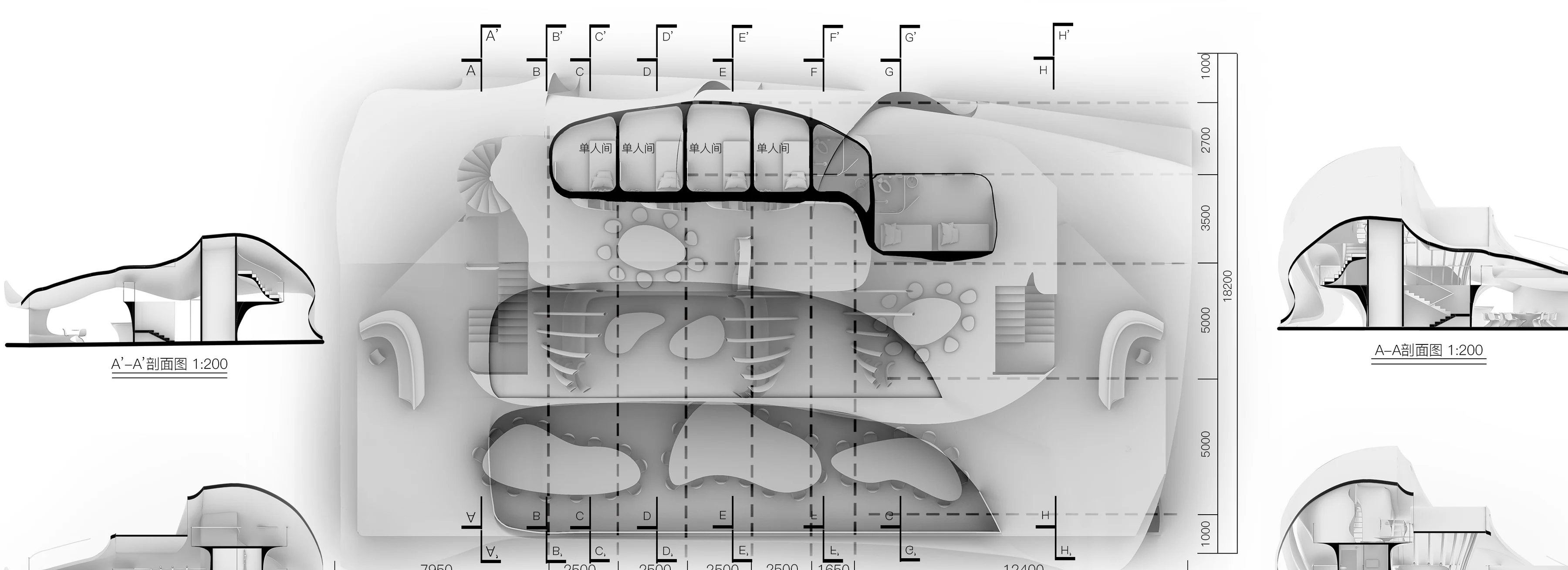Cavin: Plan and sections, fourth floor