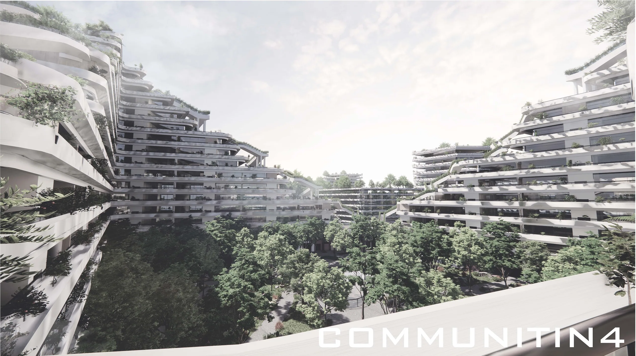 Communitin: Looking down into a courtyard from a terrace