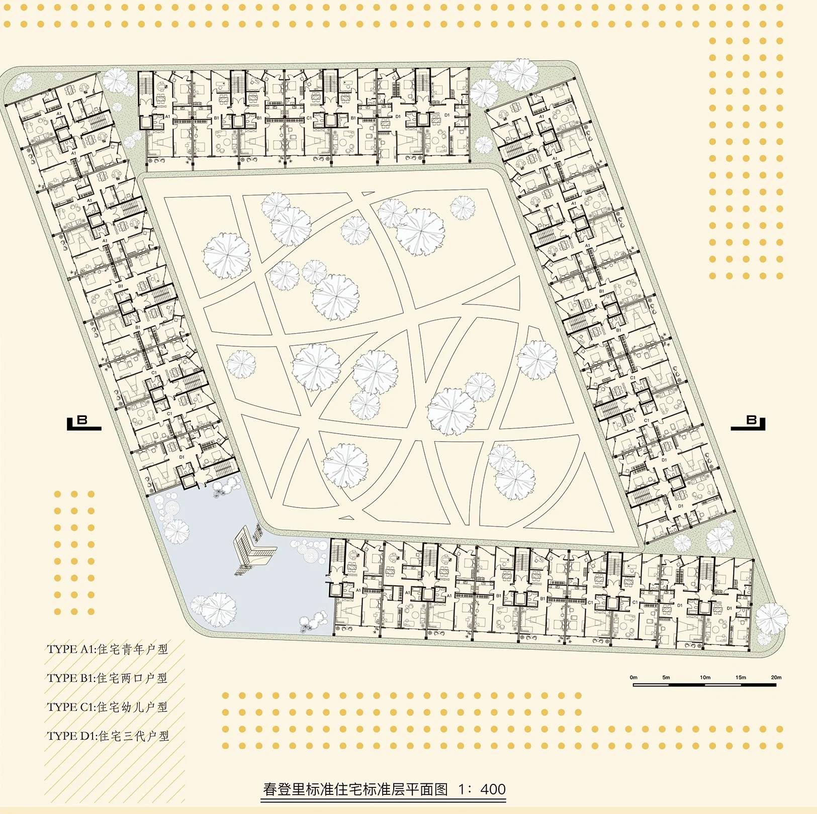 Communitin: Typical-floor plan of the standard housing, 1:400