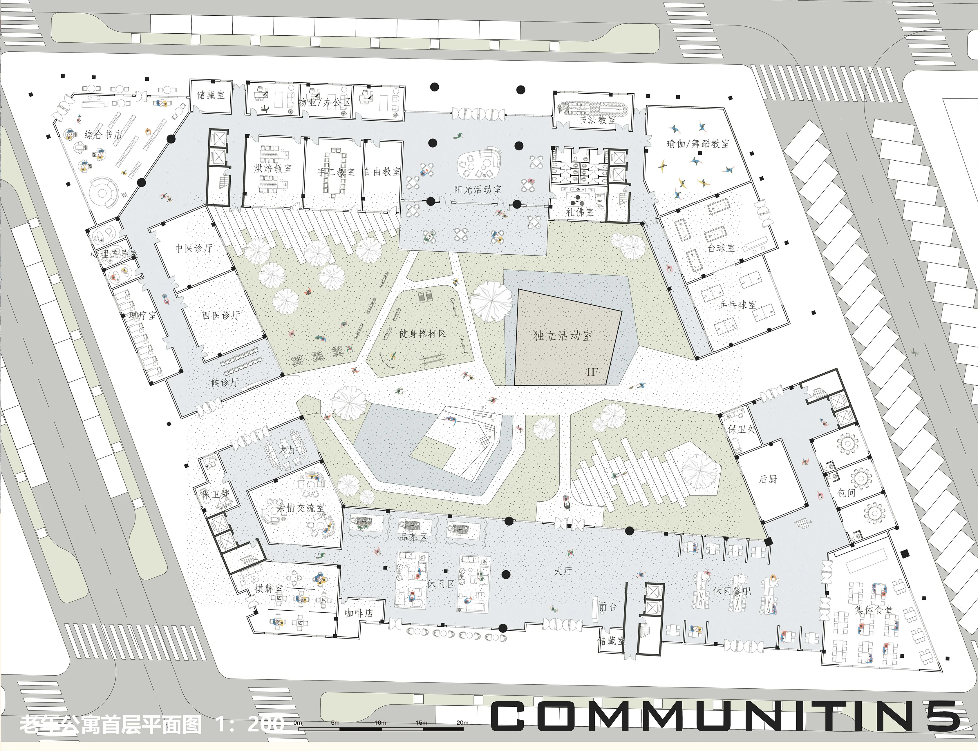 Communitin: Apartments for the elderly: ground-floor plan, 1:200