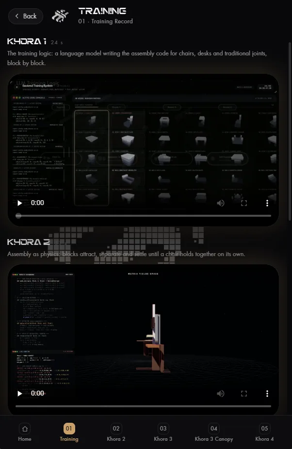 Khora: Training record: Khora 1 and Khora 2, shown as video