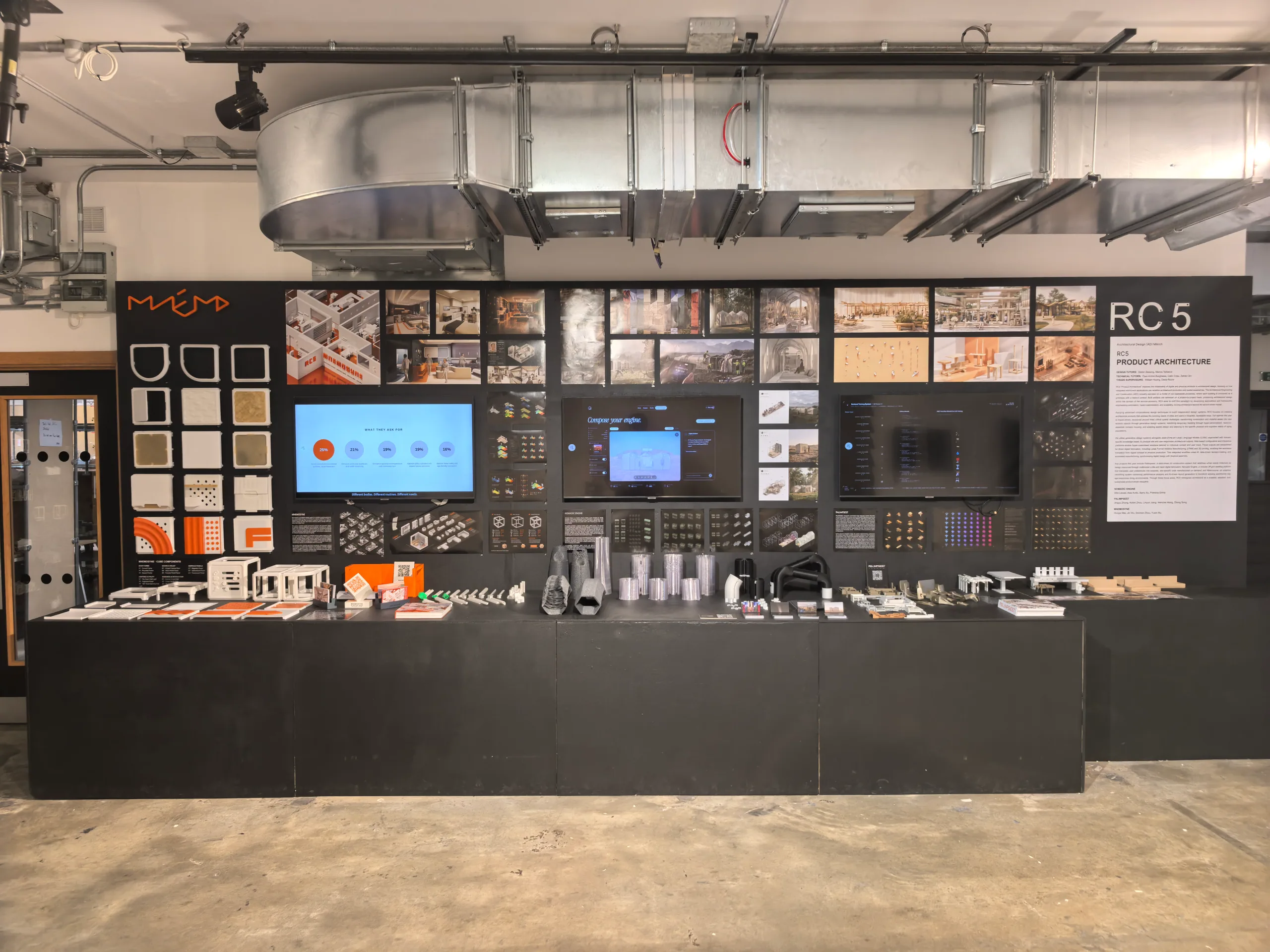 Palimpsest: The RC5 Product Architecture wall: boards, three screens, and models on the table below