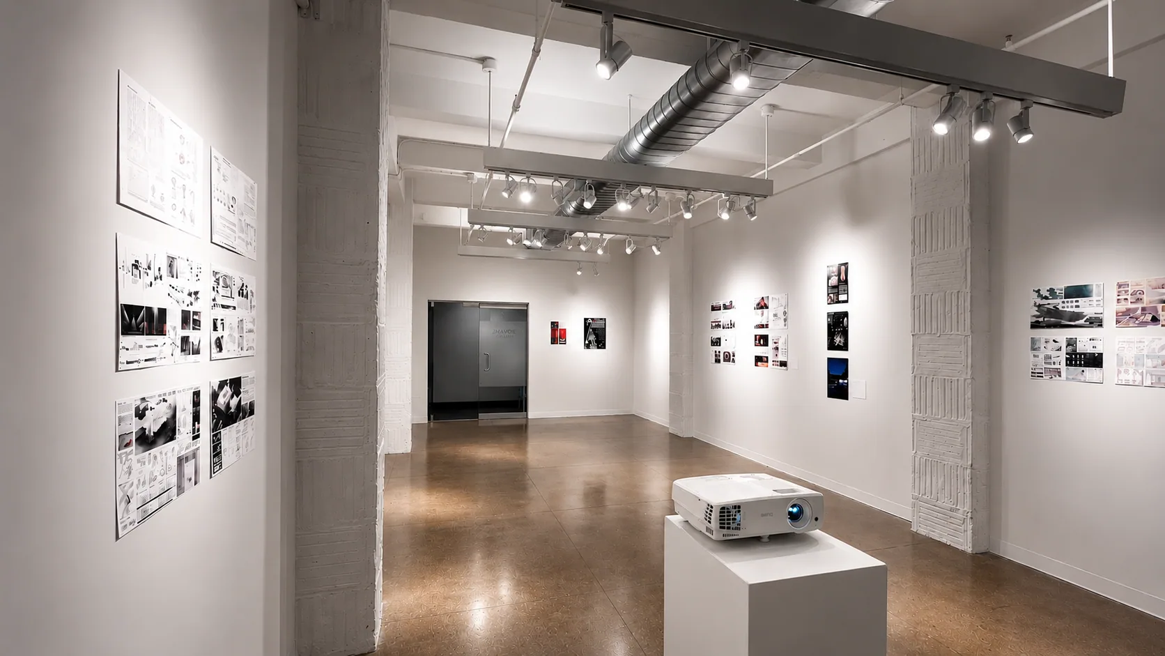 In Silence: The gallery, with the boards on the wall and a projector on its plinth
