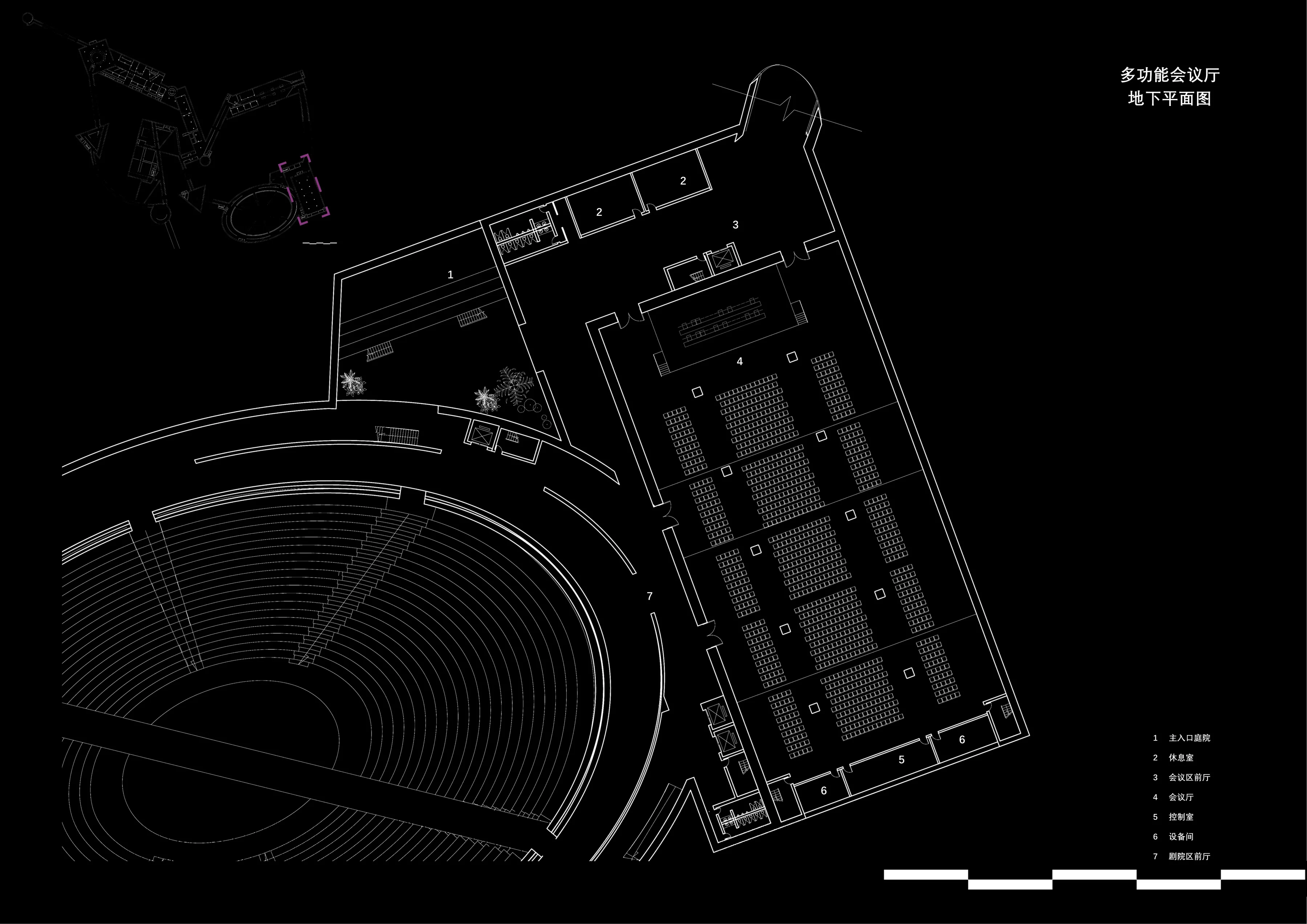 In Silence: Multi-function conference hall: basement plan