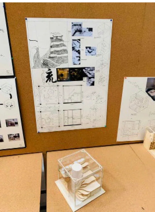 Study Models: Sketches and a model on a pin board