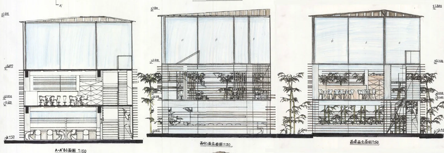 Yin: Section A-A and two elevations 1:50